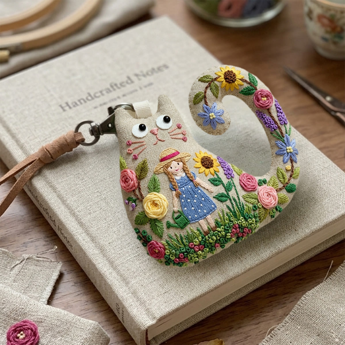 Rubbyoo Cat Embroidery Kit - Girl In Straw Hat | Whimsical Nature Inspired Gift For Her | Rustic Textile Art Bag Charm - image 9