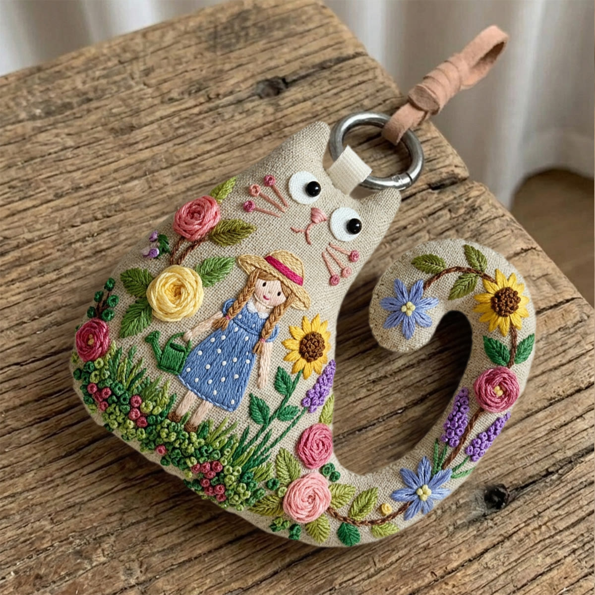 Rubbyoo Cat Embroidery Kit - Girl In Straw Hat | Whimsical Nature Inspired Gift For Her | Rustic Textile Art Bag Charm - image 6