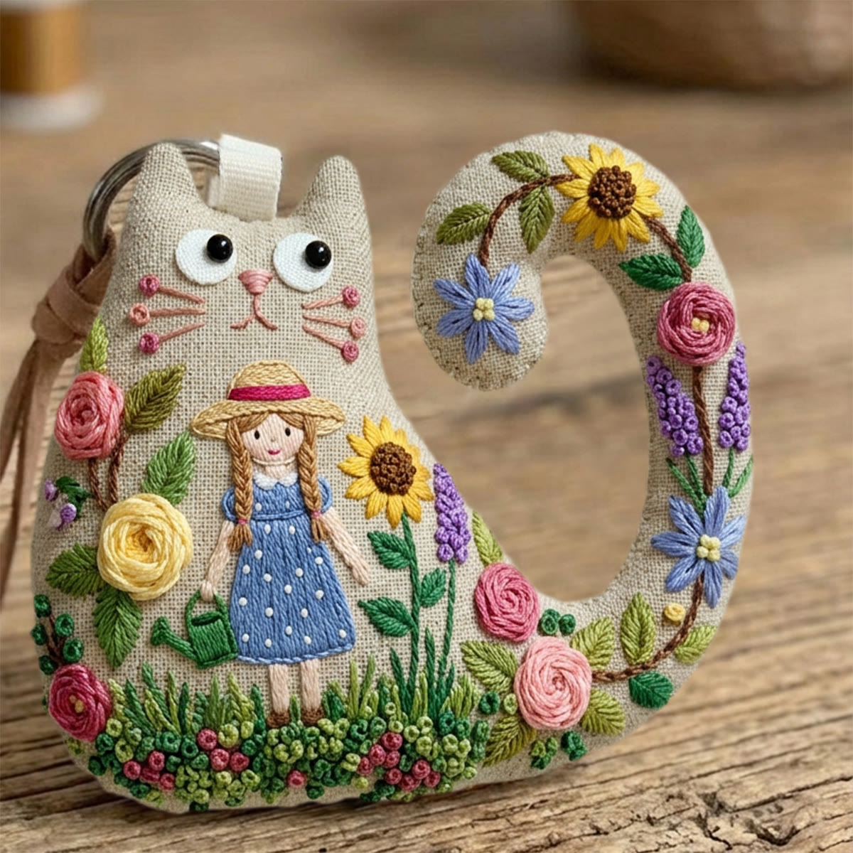 Rubbyoo Cat Embroidery Kit - Girl In Straw Hat | Whimsical Nature Inspired Gift For Her | Rustic Textile Art Bag Charm - image 8