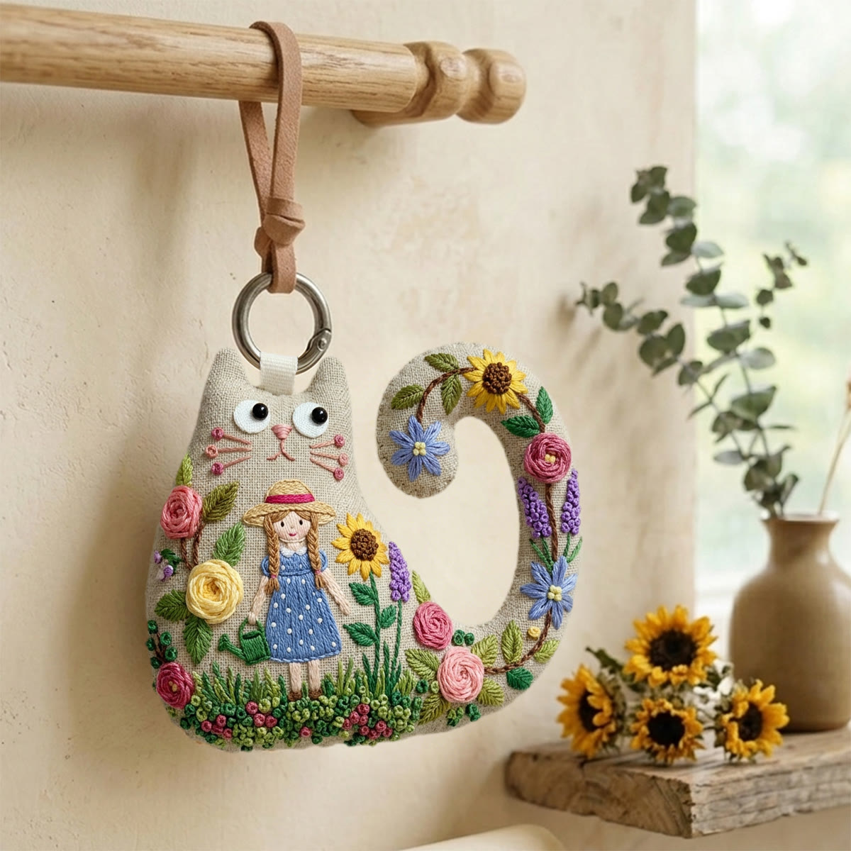 Rubbyoo Cat Embroidery Kit - Girl In Straw Hat | Whimsical Nature Inspired Gift For Her | Rustic Textile Art Bag Charm - image 3