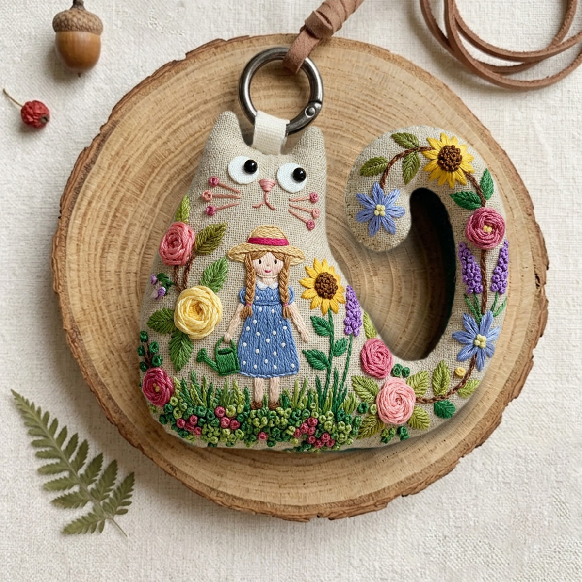 Rubbyoo Cat Embroidery Kit - Girl In Straw Hat | Whimsical Nature Inspired Gift For Her | Rustic Textile Art Bag Charm - image 7