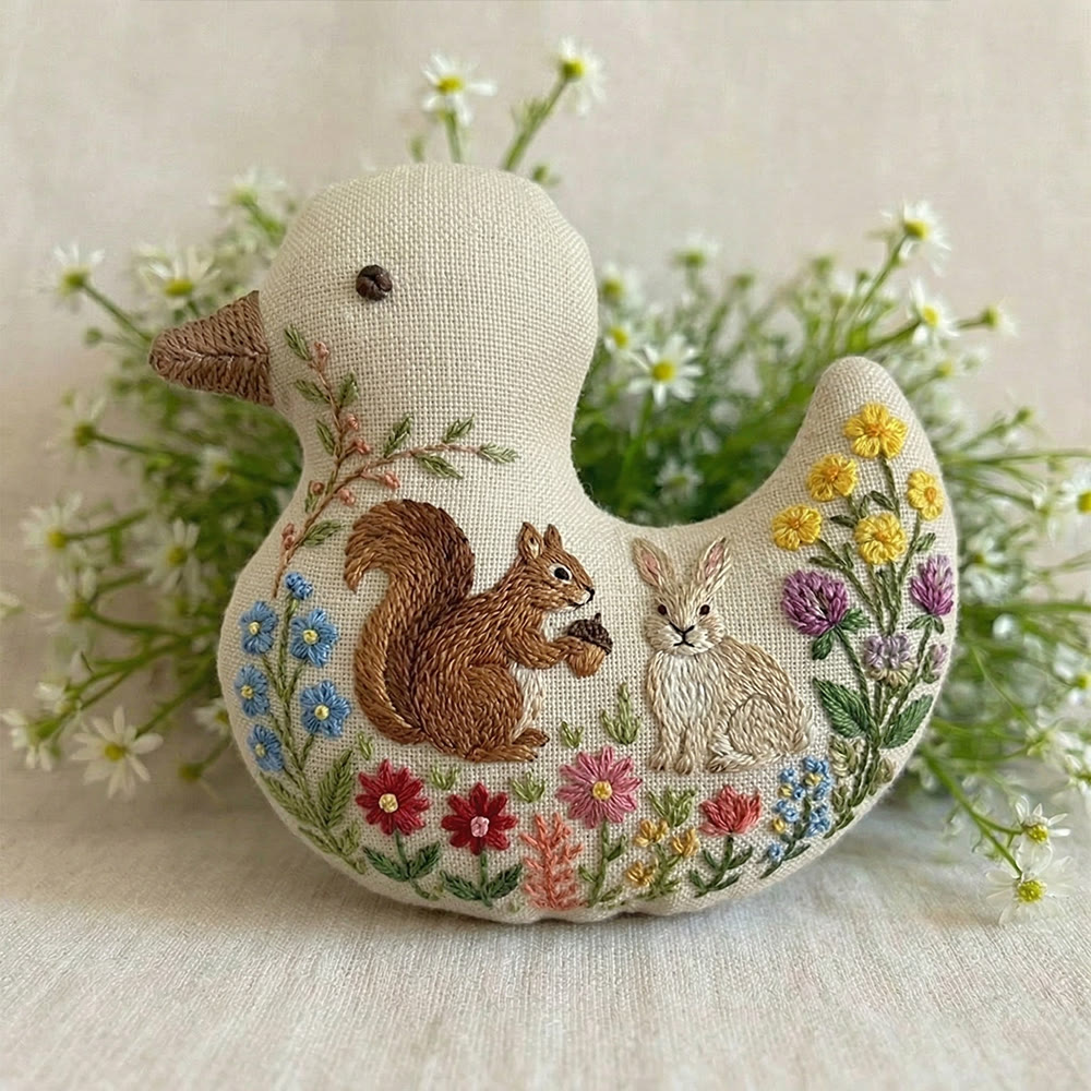 Rubbyoo Duck Embroidery Kit - Squirrel Rabbit Among Blooms | Keychain Ornament | Unique Diy Craft Decor - image 3