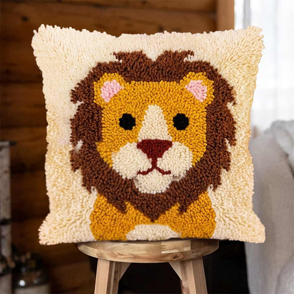 Rubbyoo Latch Hook Pillow Kit - Cute Lion | Handmade Sofa Decoration | Diy Cushion Cover  - 43*43cm - image 1