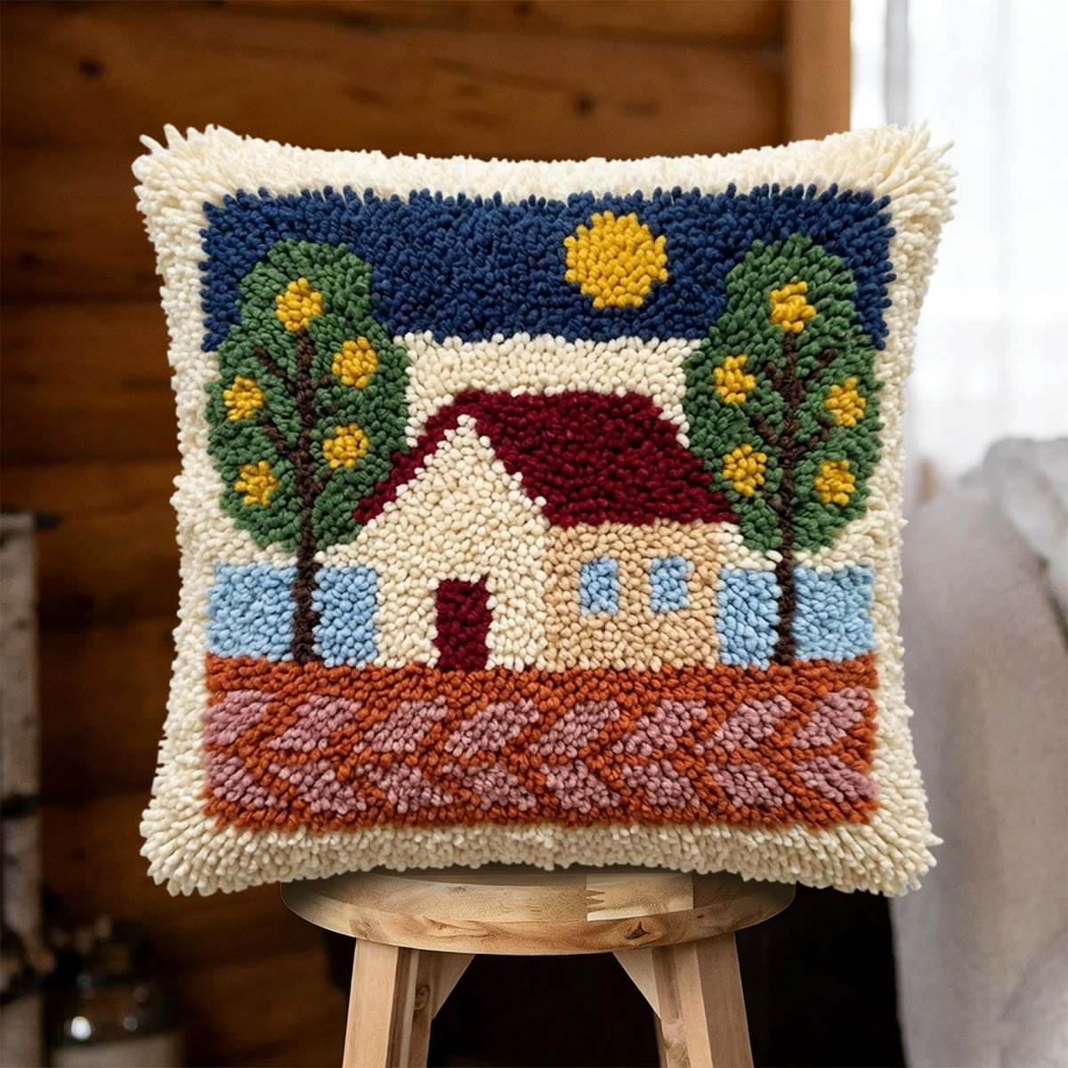 Rubbyoo Latch Hook Pillow Kit - Forest Cabin | Diy Housewarming Craft | Pperfect Gift For Friend - 43*43cm - image 1