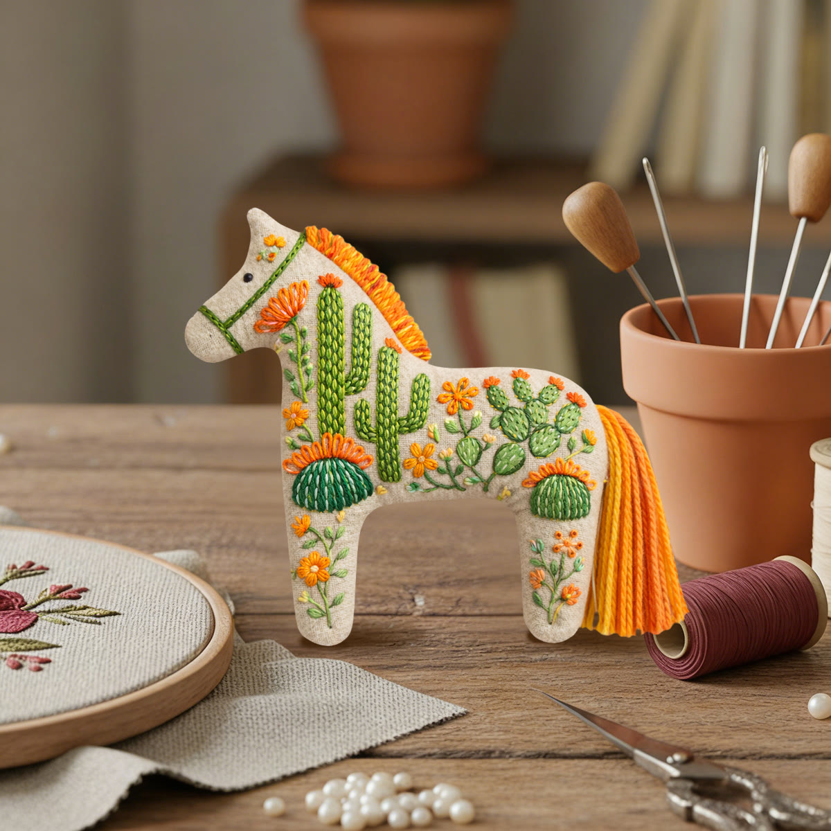 Rubbyoo Dala Horse Embroidery Kit - Cactus And Prickly Pear | Unique Gift For Plant Lovers | Boho Bag Charm - image 5