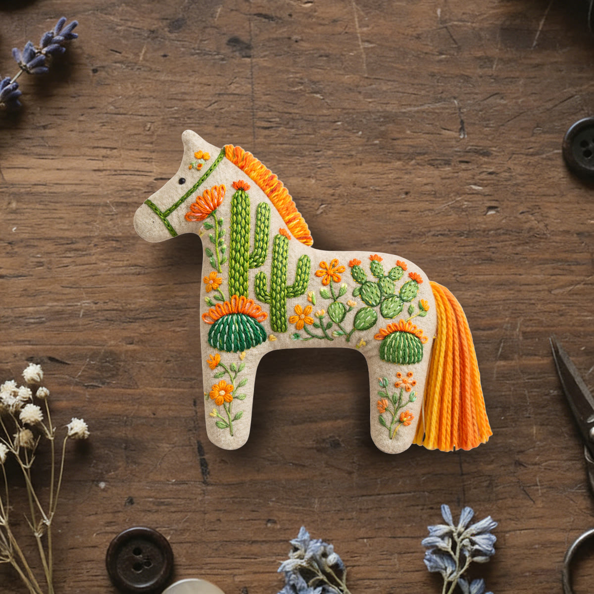 Rubbyoo Dala Horse Embroidery Kit - Cactus And Prickly Pear | Unique Gift For Plant Lovers | Boho Bag Charm - 6 inches hoop kit - image 1