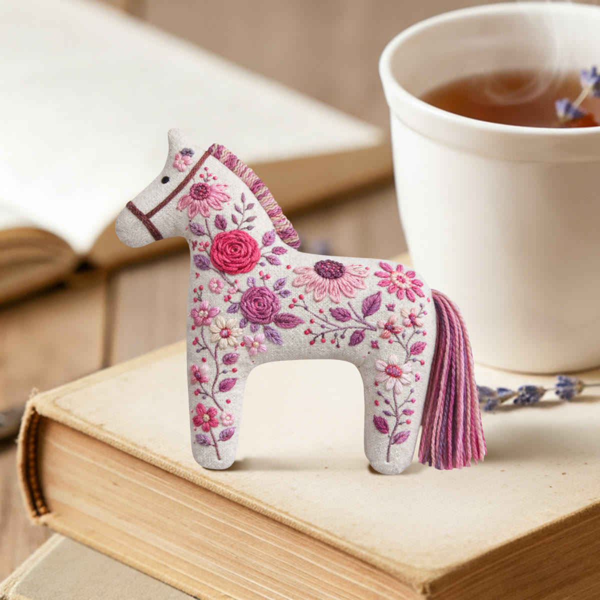 Rubbyoo Dala Horse Embroidery Kit - Pink Roses And Mauve Peonies | Romantic Mother's Day Gift | Aesthetic Bag Accessory - image 2