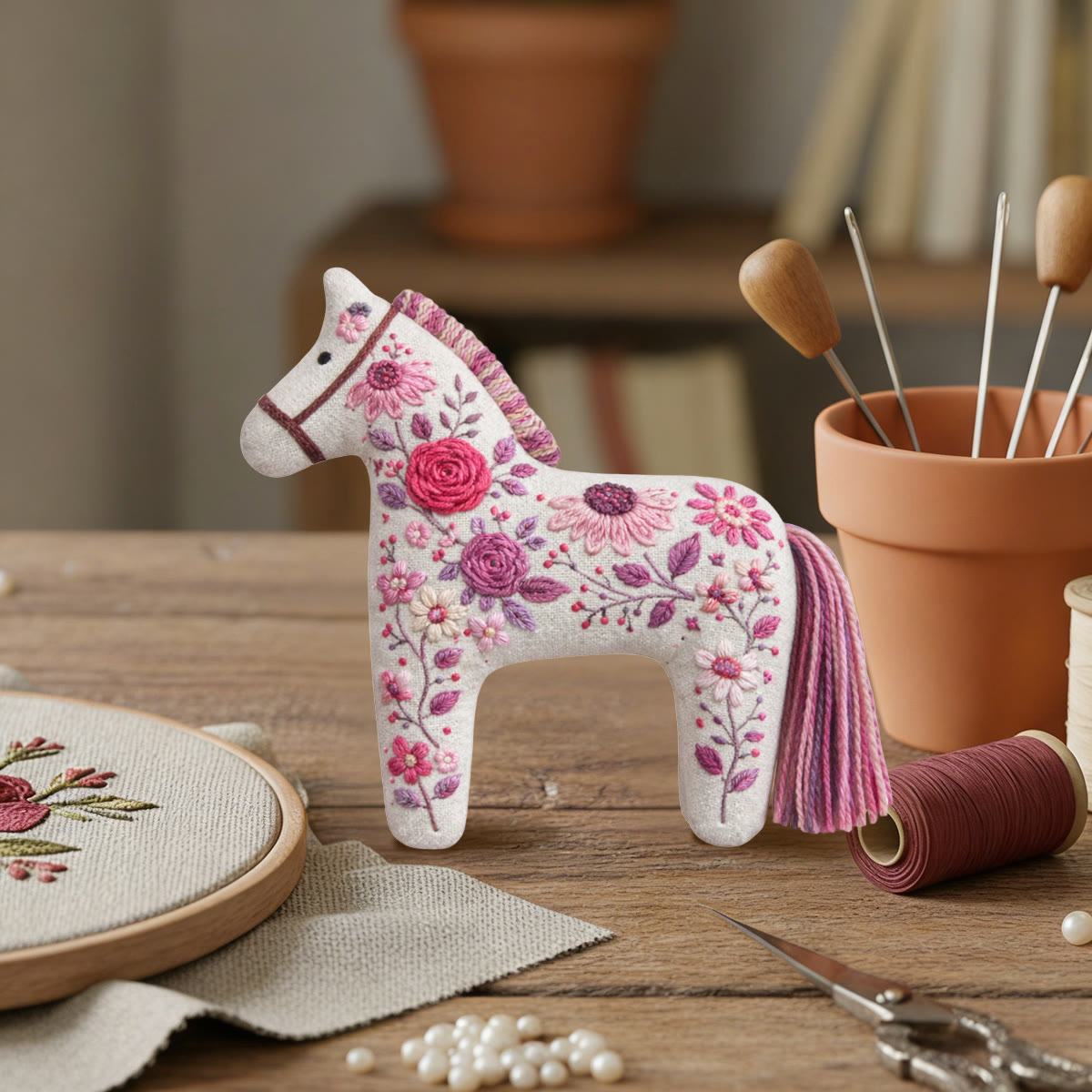 Rubbyoo Dala Horse Embroidery Kit - Pink Roses And Mauve Peonies | Romantic Mother's Day Gift | Aesthetic Bag Accessory - image 5