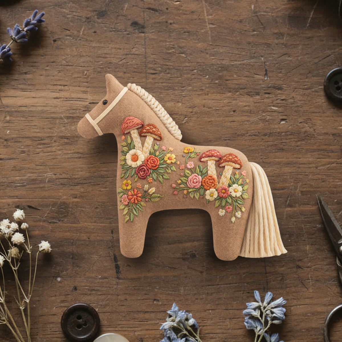 Rubbyoo Dala Horse Embroidery Kit - Wild Mushrooms And Flowers | Cottagecore Gift For Her | Cozy Home Decor - 6 inches hoop kit - image 1