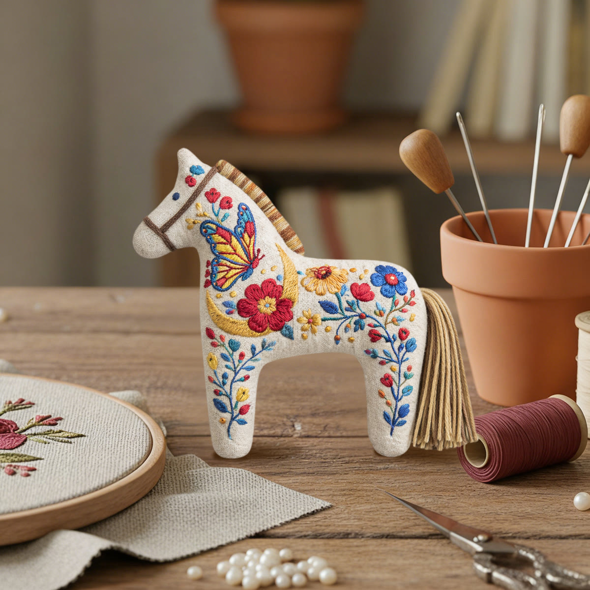 Rubbyoo Dala Horse Embroidery Kit - Golden Moon And Butterfly Motif | Unique Gift For Mom | Whimsical Folk Art Bag Charm - image 5