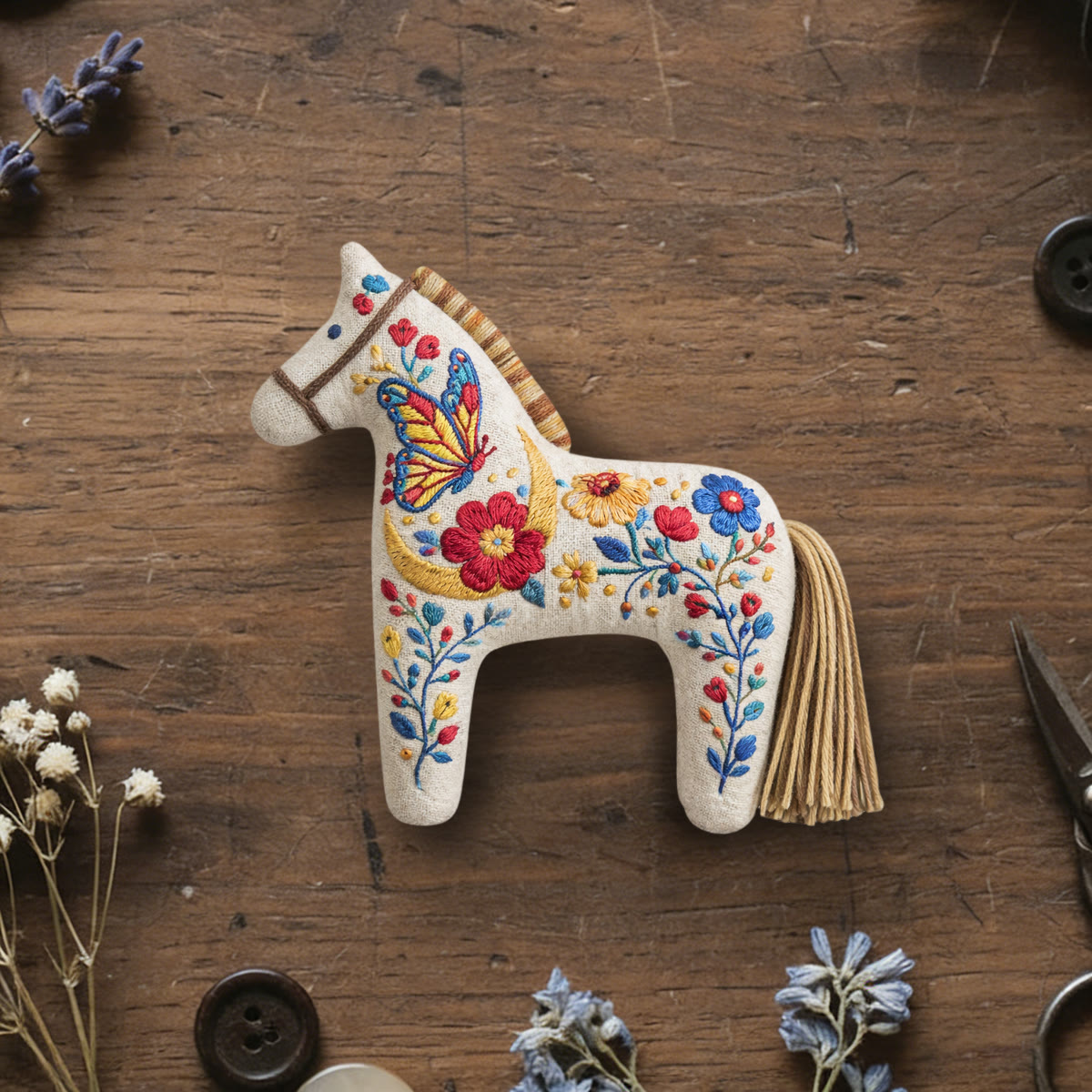 Rubbyoo Dala Horse Embroidery Kit - Golden Moon And Butterfly Motif | Unique Gift For Mom | Whimsical Folk Art Bag Charm - 6 inches hoop kit - image 1