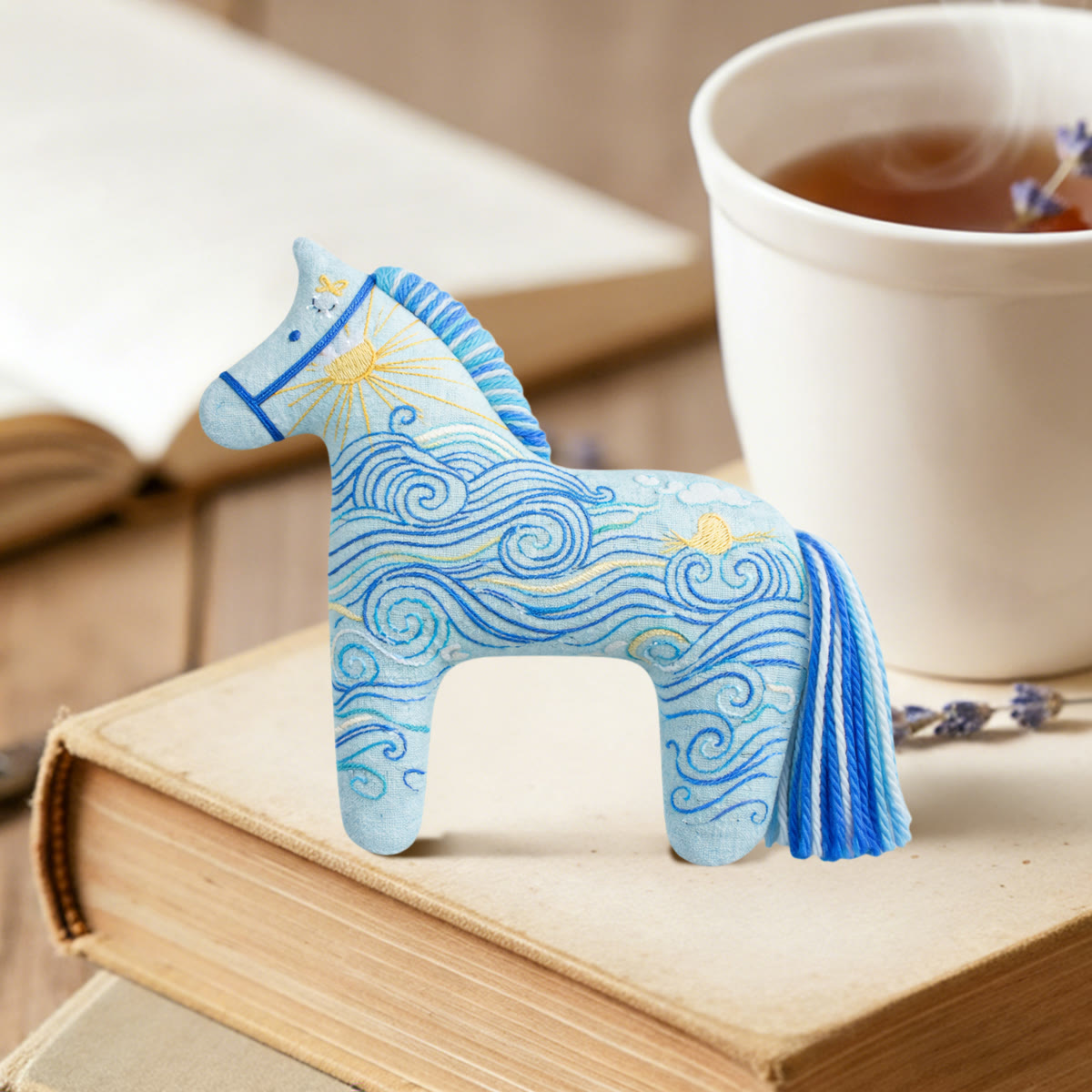 Rubbyoo Dala Horse Embroidery Kit - Ocean Waves And Swirls | Unique Small Gift | Artistic Hanging Ornament - image 2
