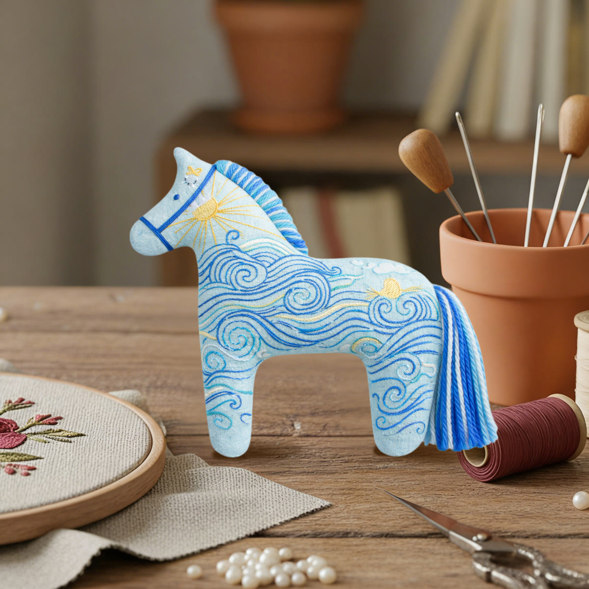 Rubbyoo Dala Horse Embroidery Kit - Ocean Waves And Swirls | Unique Small Gift | Artistic Hanging Ornament - image 5
