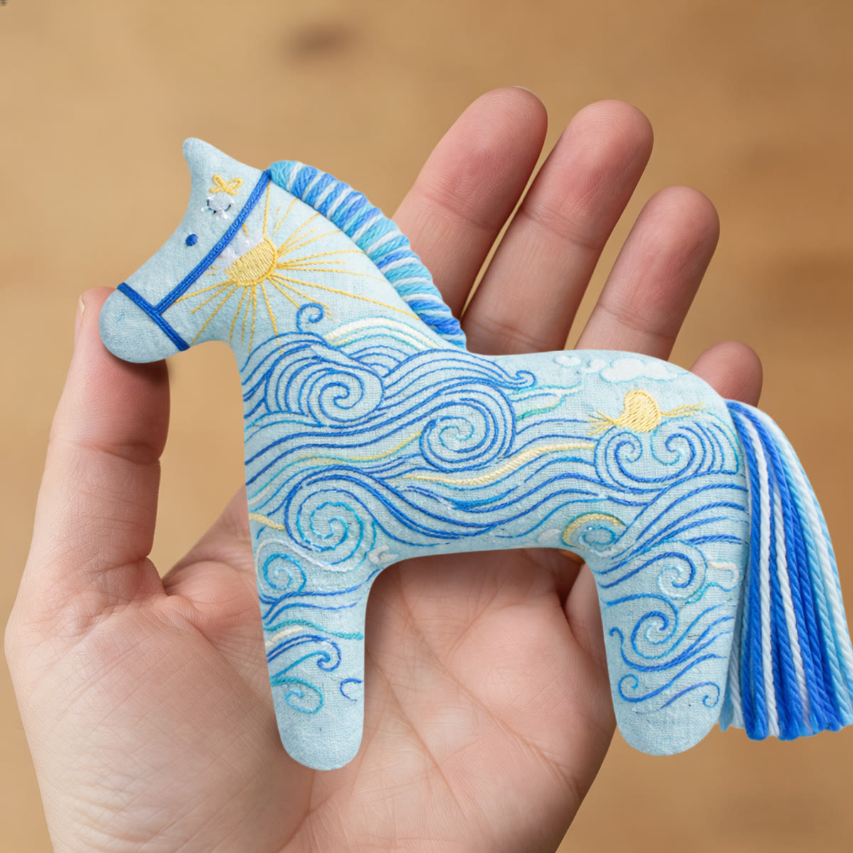 Rubbyoo Dala Horse Embroidery Kit - Ocean Waves And Swirls | Unique Small Gift | Artistic Hanging Ornament - image 8
