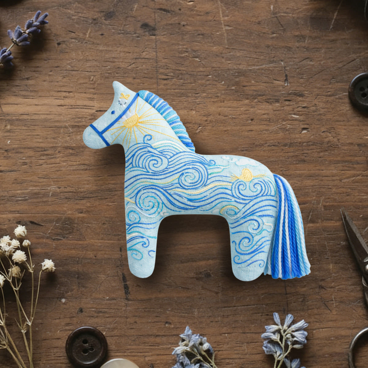 Rubbyoo Dala Horse Embroidery Kit - Ocean Waves And Swirls | Unique Small Gift | Artistic Hanging Ornament - 6 inches hoop kit - image 1