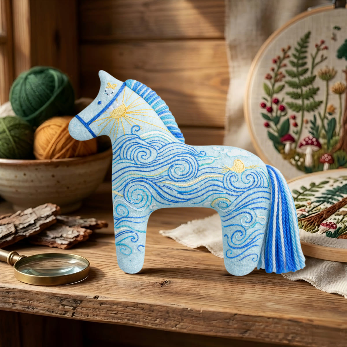 Rubbyoo Dala Horse Embroidery Kit - Ocean Waves And Swirls | Unique Small Gift | Artistic Hanging Ornament - image 7