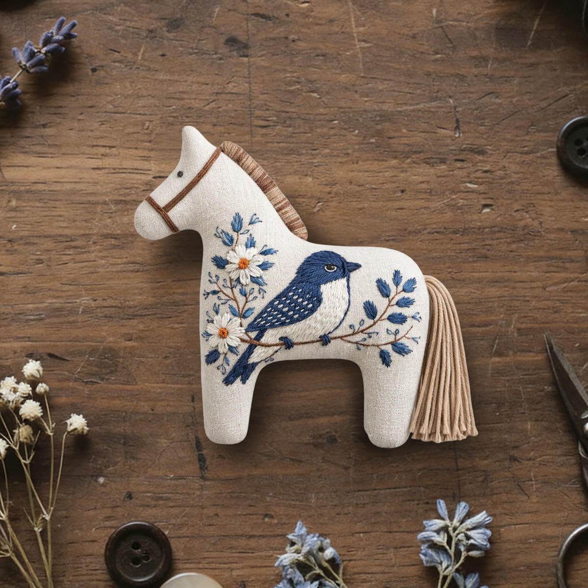 Rubbyoo Dala Horse Embroidery Kit - Blue Bird Floral | Diy Handcrafted Gift For Her | Minimalist Natural Decor - 6 inches hoop kit - image 1