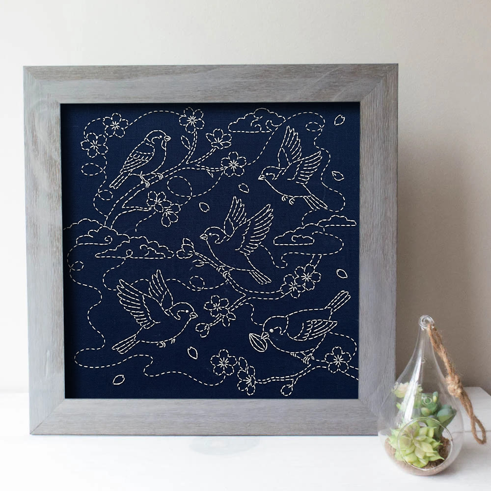 Rubbyoo Sashiko Embroidery Kit - Flying Birds And Cherry Blossom | Japanese Wall Decor | Beginner-friendly - image 3
