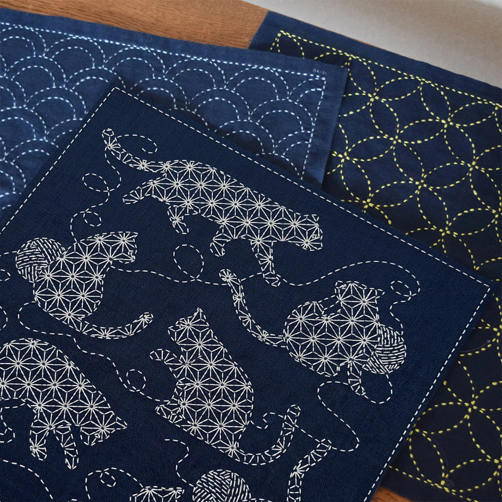 Rubbyoo Sashiko Embroidery Kit - Cat Asanoha Pattern | Slow Stitching Art | Nursery Decor - image 2