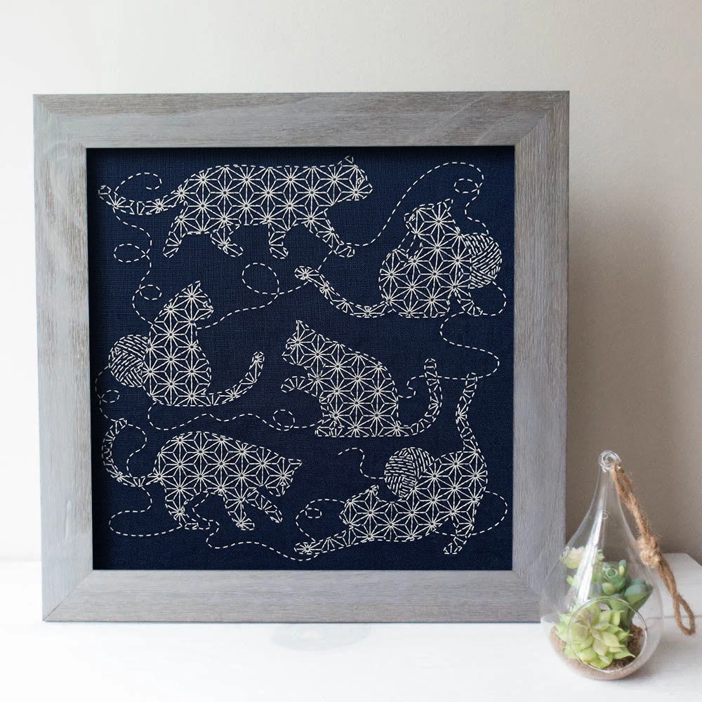 Rubbyoo Sashiko Embroidery Kit - Cat Asanoha Pattern | Slow Stitching Art | Nursery Decor - image 3