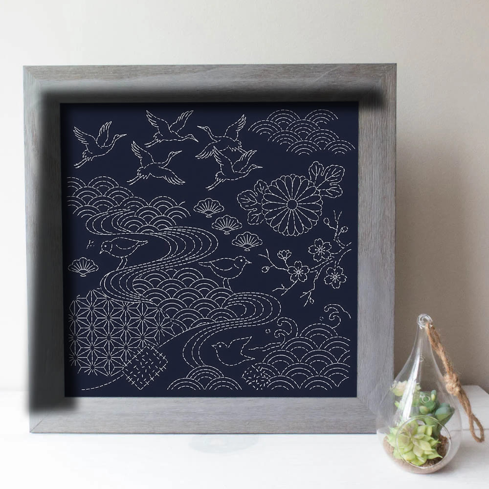 Rubbyoo Sashiko Embroidery Kit - Flying Cranes And Flowing Water | Unique Birthday Gift | Dining Room Wall Art - image 3