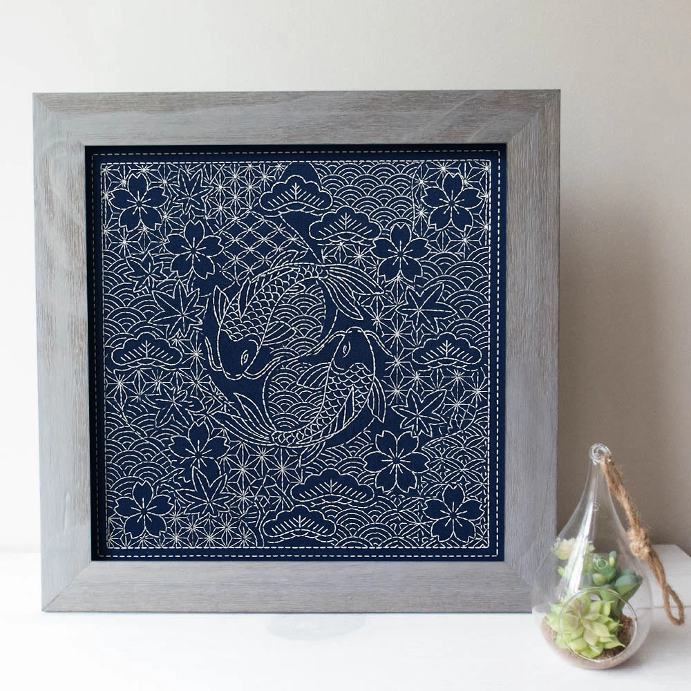 Rubbyoo Sashiko Embroidery Kit - Double Koi And Pine Clouds | Wedding Anniversary Gift | Oriental Home Decor - image 3