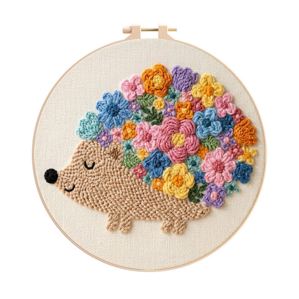 Cute Hedgehog With Flowers Punch Needle Kit - Home Decor | Unique Handmade Present - 8 inch Hoop Kit - image 1