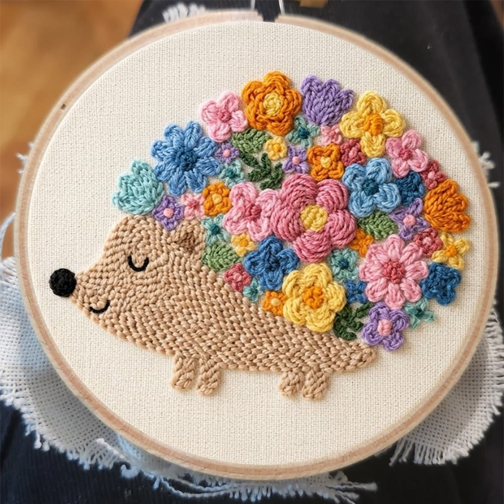 Cute Hedgehog With Flowers Punch Needle Kit - Home Decor | Unique Handmade Present - image 2