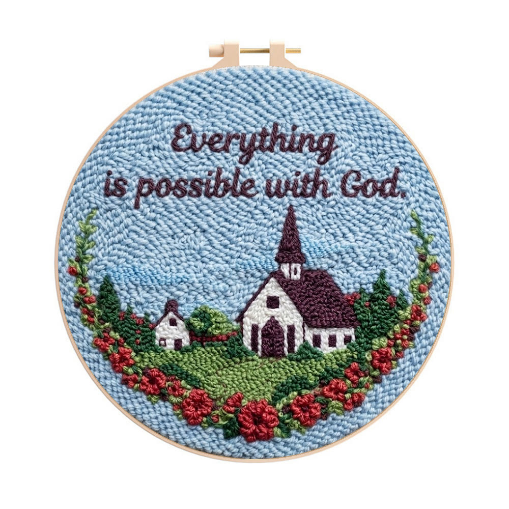 Serene Country Town Blue Sky Punch Needle Kit - Lovely Wall Hanging | Ideal For Diy Craft Lovers - 8 inch Hoop Kit - image 1