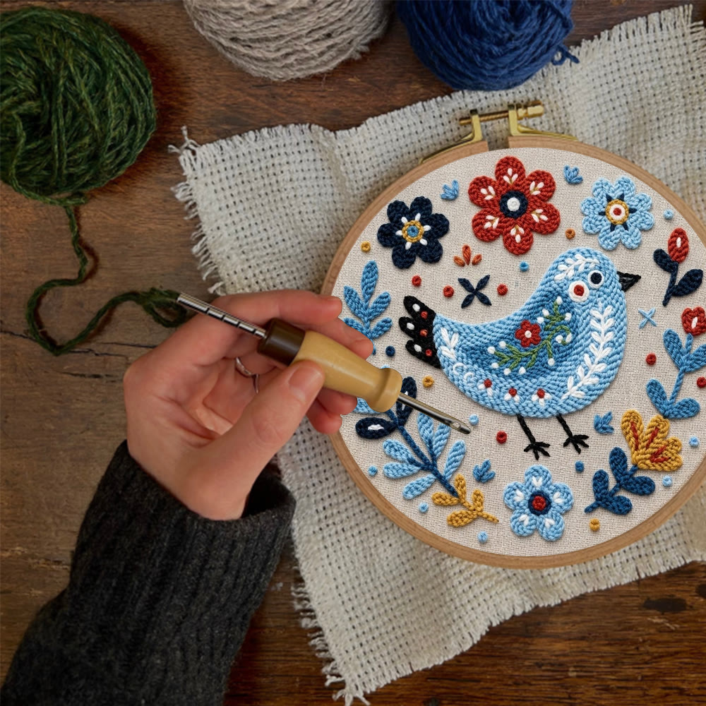 Folk Art Blue Bird Among Blooms Punch Needle Kit - Exquisite Home Ornament | Great For Beginners - image 2