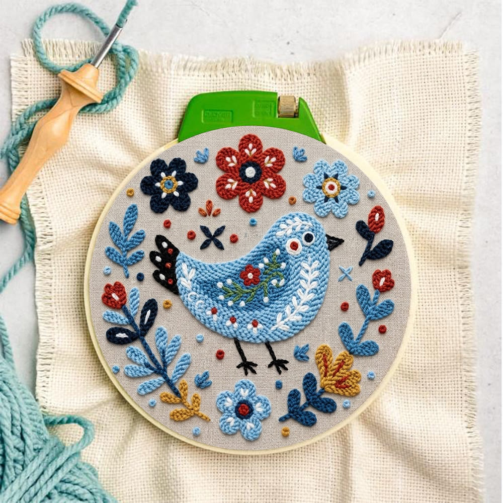 Folk Art Blue Bird Among Blooms Punch Needle Kit - Exquisite Home Ornament | Great For Beginners - image 4