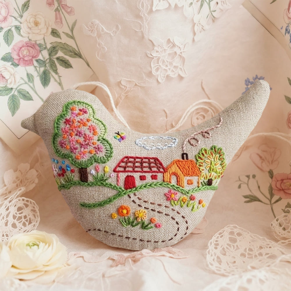 Rubbyoo Bird-shaped Embroidery Kit - Blooming Tree And Flowers | Soft Housewarming Gift | Nursery Wall Decor - 6 inches hoop kit - image 1