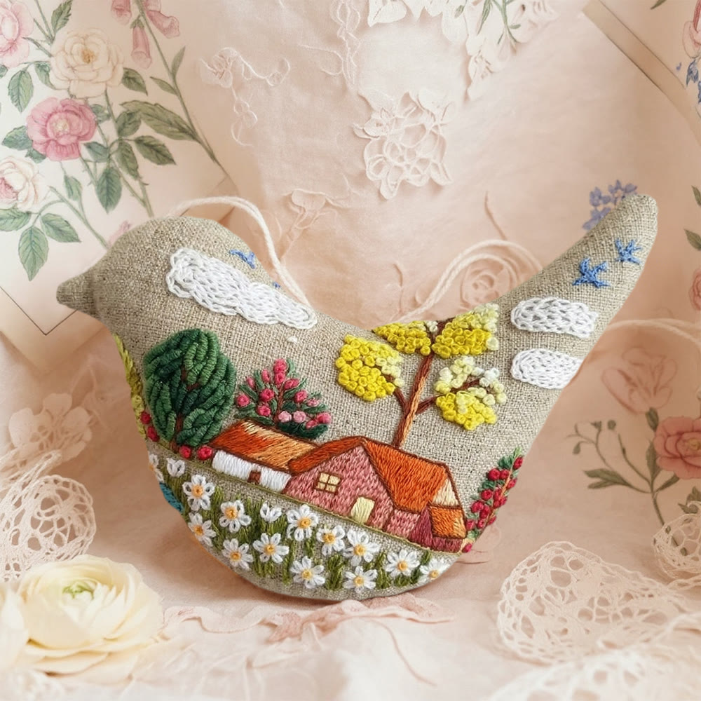 Rubbyoo Bird-shaped Embroidery Kit - Cottage Landscape Scene | Mother's Day Keepsake | Whimsical Wall Hanging Ornament - 6 inches hoop kit - image 1