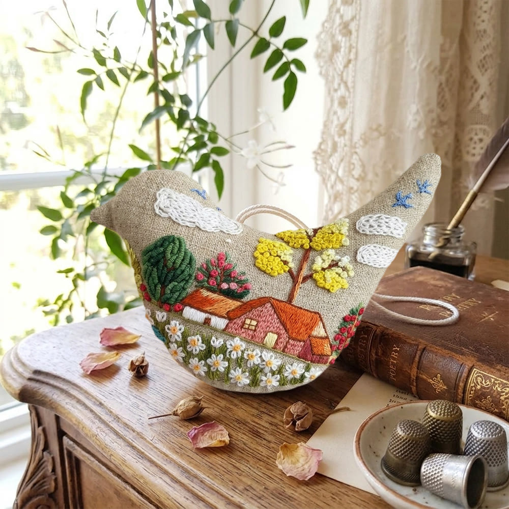 Rubbyoo Bird-shaped Embroidery Kit - Cottage Landscape Scene | Mother's Day Keepsake | Whimsical Wall Hanging Ornament - image 4