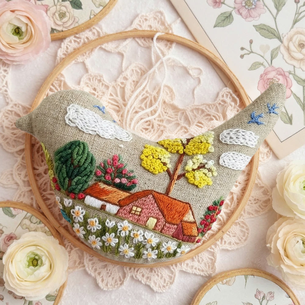 Rubbyoo Bird-shaped Embroidery Kit - Cottage Landscape Scene | Mother's Day Keepsake | Whimsical Wall Hanging Ornament - image 6