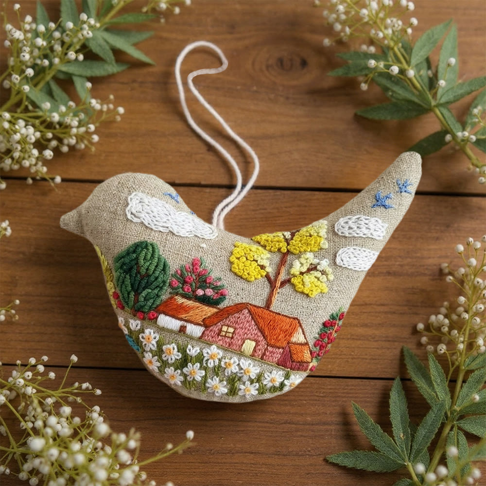 Rubbyoo Bird-shaped Embroidery Kit - Cottage Landscape Scene | Mother's Day Keepsake | Whimsical Wall Hanging Ornament - image 7