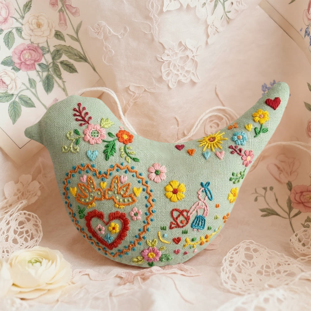Rubbyoo Bird-shaped Embroidery Kit - Floral Heart | Anniversary Gift For Her | Wedding Reception Decor - 6 inches hoop kit - image 1
