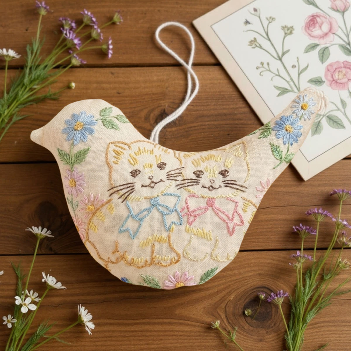 Rubbyoo Bird-shaped Embroidery Kit - Sweet Kittens With Bows | Best Friend Birthday Gift | Kawaii Nursery Wall Hanging - image 4