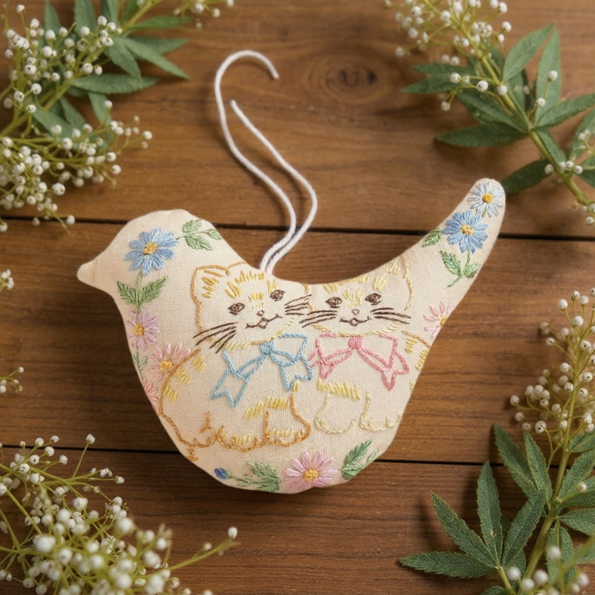 Rubbyoo Bird-shaped Embroidery Kit - Sweet Kittens With Bows | Best Friend Birthday Gift | Kawaii Nursery Wall Hanging - image 2