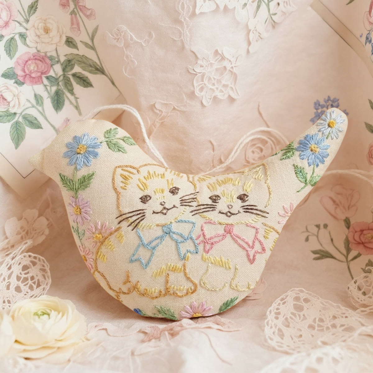 Rubbyoo Bird-shaped Embroidery Kit - Sweet Kittens With Bows | Best Friend Birthday Gift | Kawaii Nursery Wall Hanging - 6 inches hoop kit - image 1