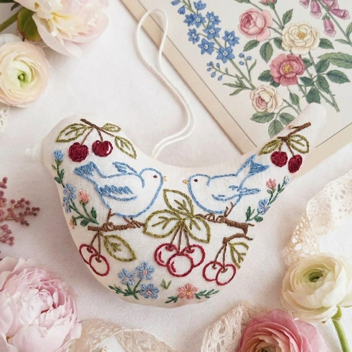 Rubbyoo Bird-shaped Embroidery Kit - Bluebirds On Cherry Branches | Anniversary Gift For Couples | Bag Accessory - image 3