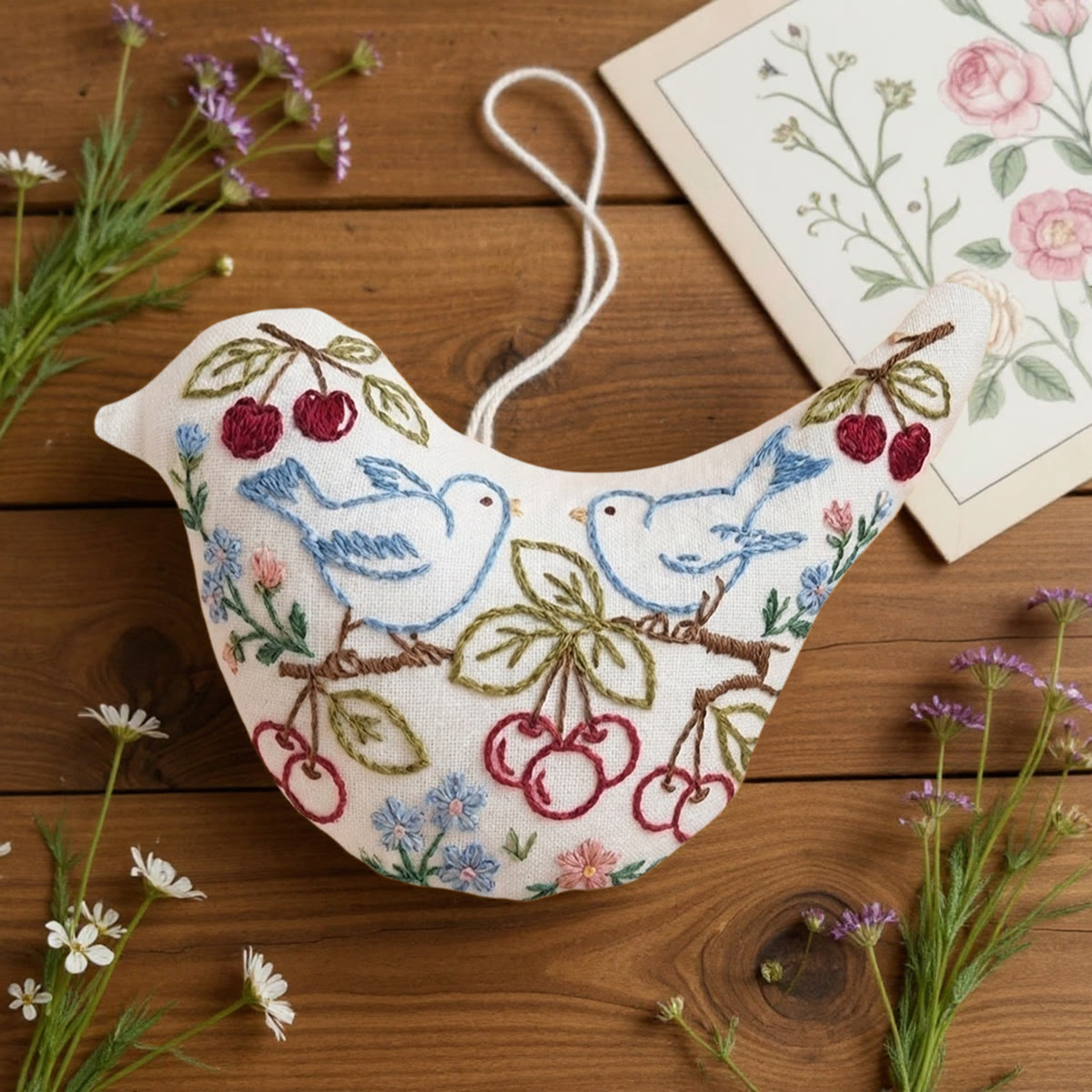 Rubbyoo Bird-shaped Embroidery Kit - Bluebirds On Cherry Branches | Anniversary Gift For Couples | Bag Accessory - image 4