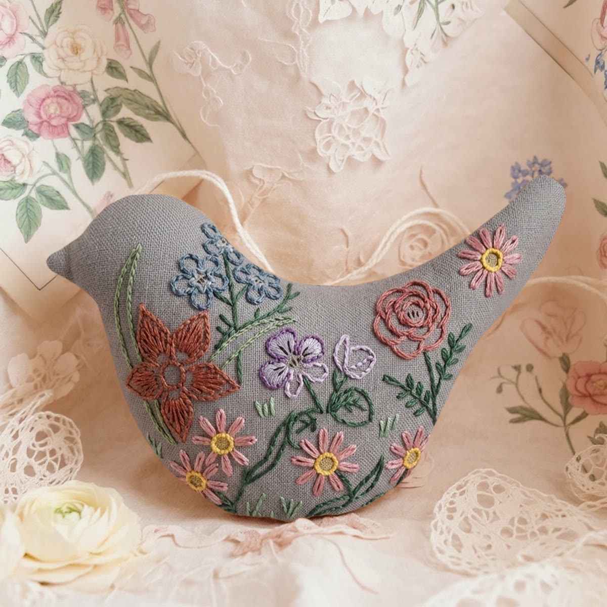 Rubbyoo Bird-shaped Embroidery Kit - Wildflower Meadow Design | Diy Mothers Day Gift | Delicate Hand-crafted Decor - 6 inches hoop kit - image 1