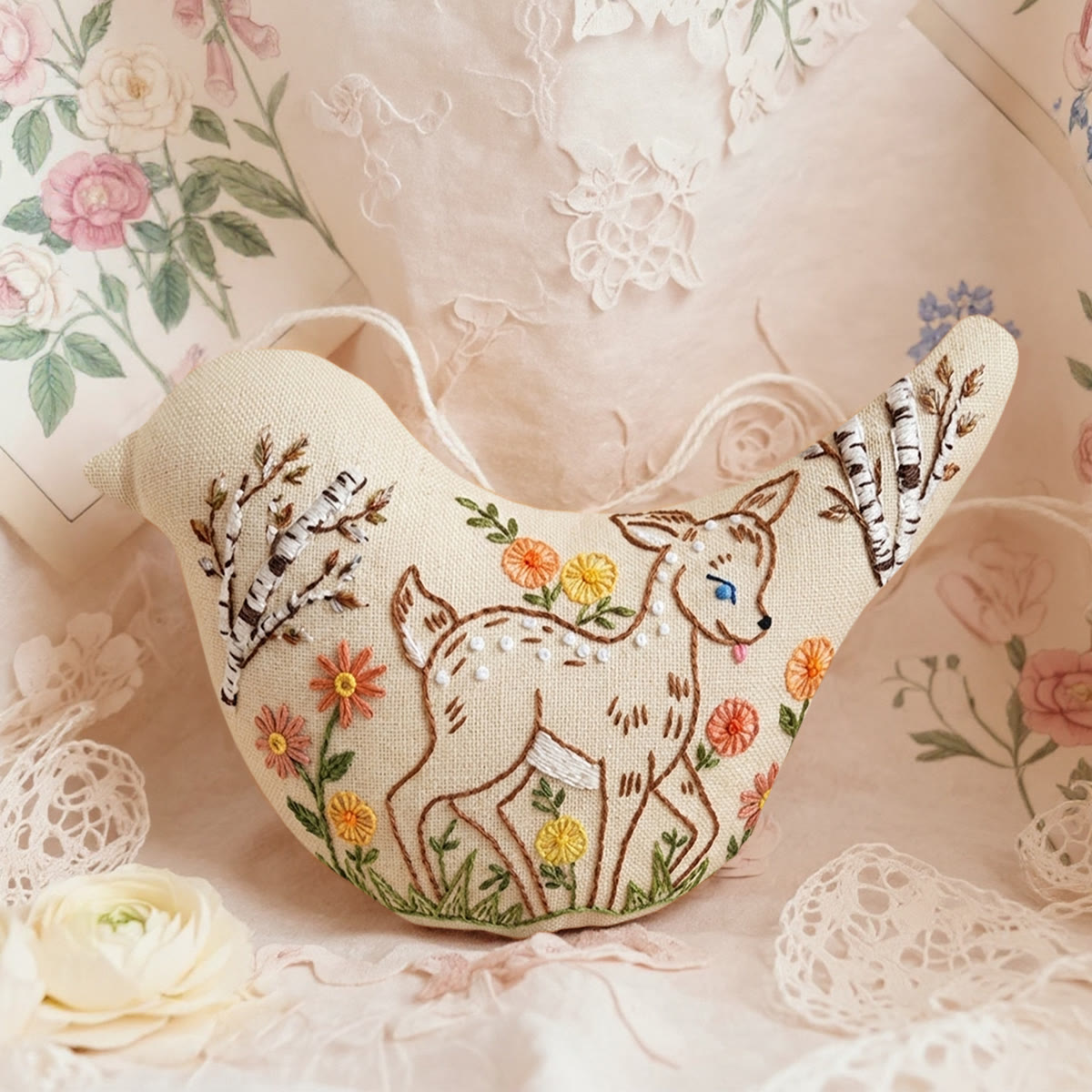 Rubbyoo Bird-shaped Embroidery Kit - Adorable Baby Deer  | Gift For Nature Lovers | Woodland Nursery Decor - 6 inches hoop kit - image 1