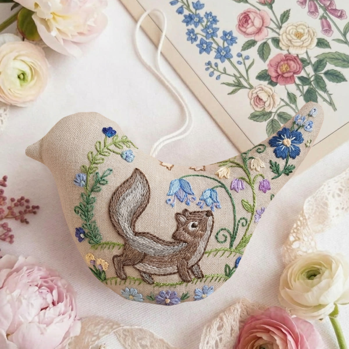 Rubbyoo Bird-shaped Embroidery Kit - Cunning Squirrel Motif  | Vintage Housewarming Gift | Hand-stitched Floral Charm - image 3