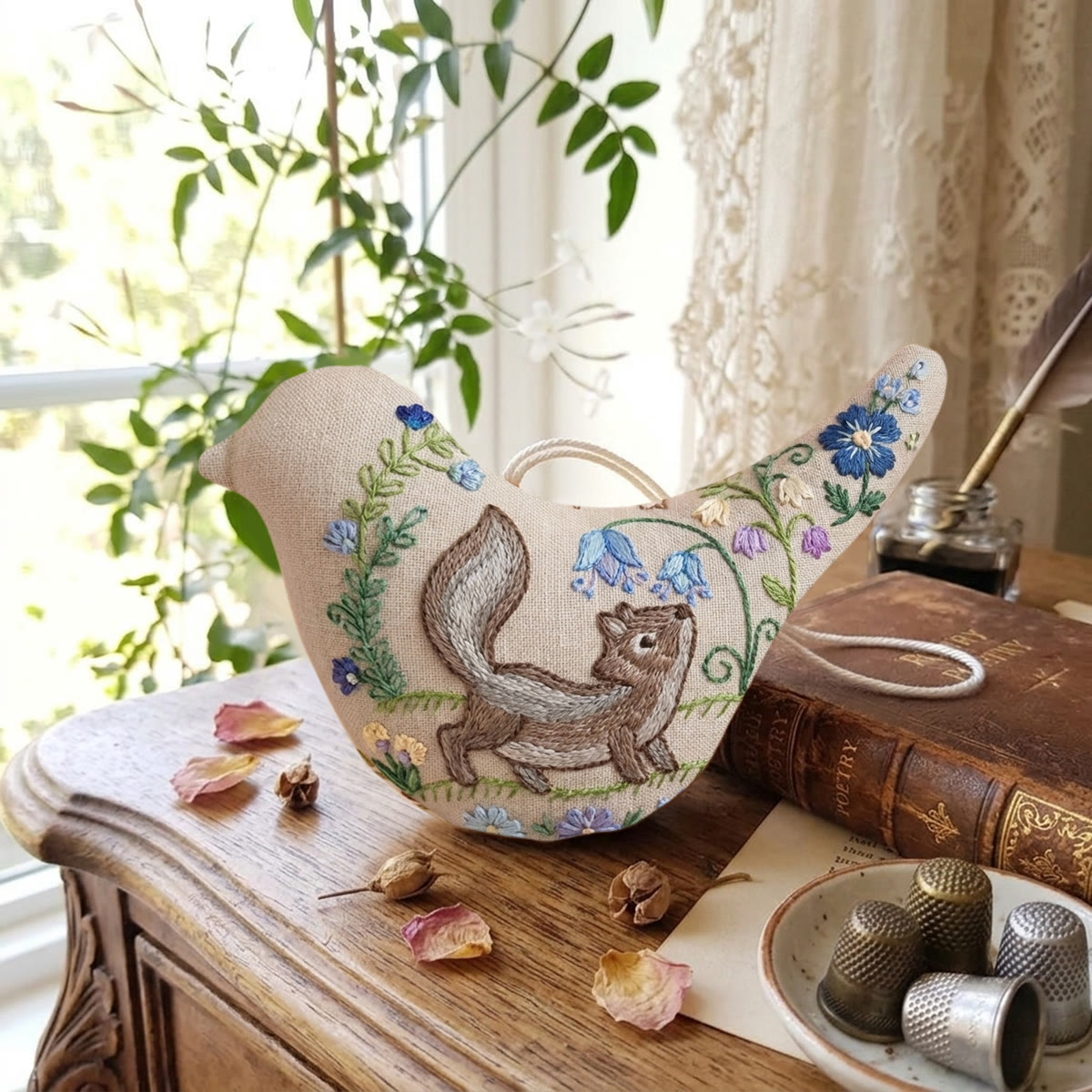 Rubbyoo Bird-shaped Embroidery Kit - Cunning Squirrel Motif  | Vintage Housewarming Gift | Hand-stitched Floral Charm - image 4