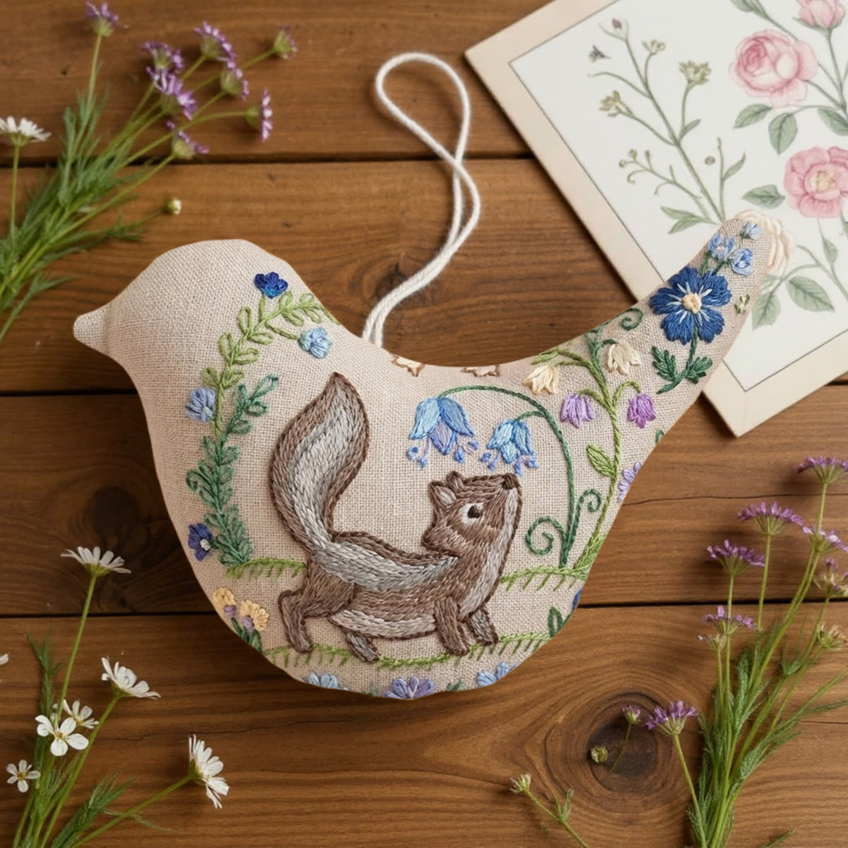 Rubbyoo Bird-shaped Embroidery Kit - Cunning Squirrel Motif  | Vintage Housewarming Gift | Hand-stitched Floral Charm - image 2