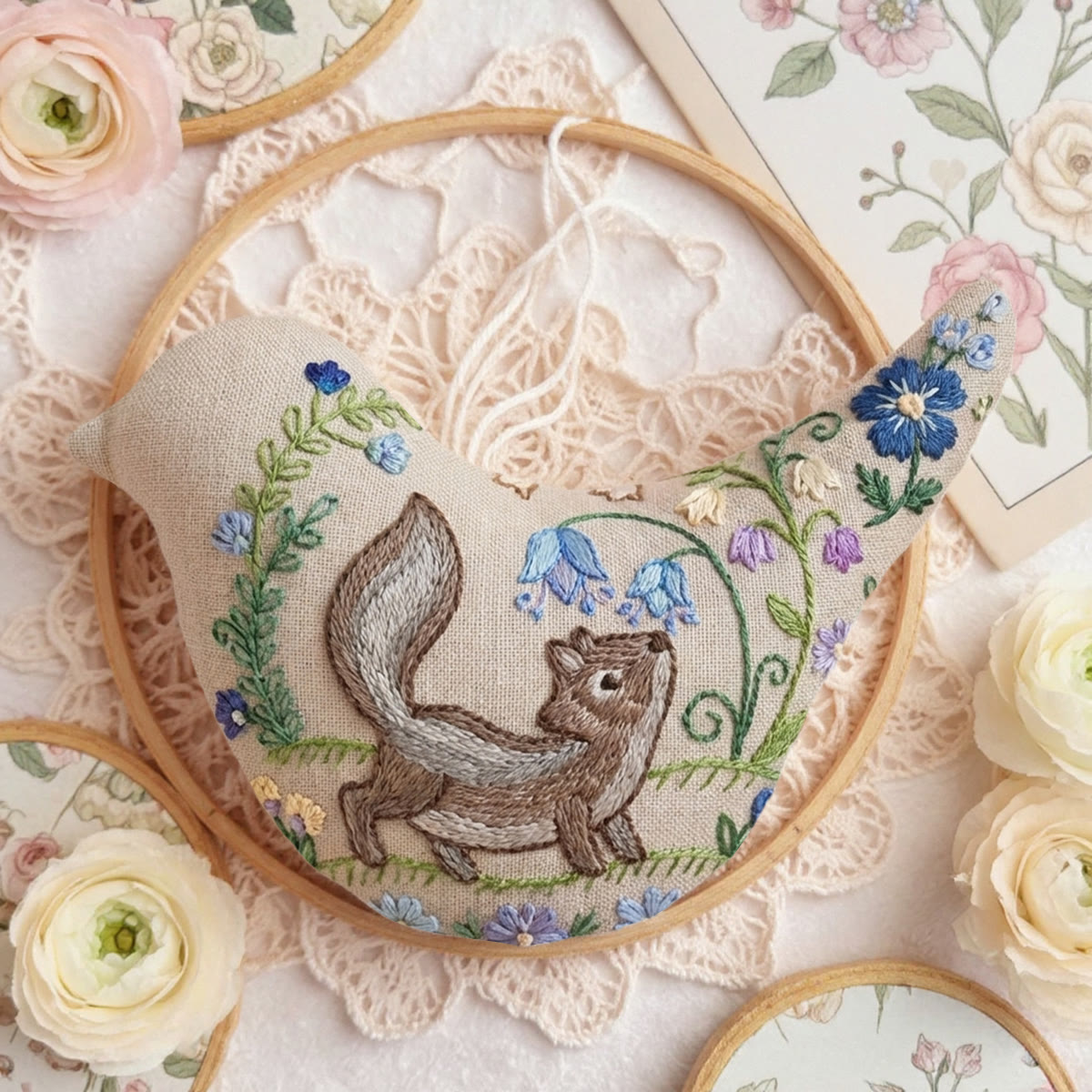 Rubbyoo Bird-shaped Embroidery Kit - Cunning Squirrel Motif  | Vintage Housewarming Gift | Hand-stitched Floral Charm - image 6