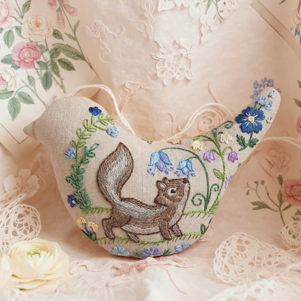 Rubbyoo Bird-shaped Embroidery Kit - Cunning Squirrel Motif  | Vintage Housewarming Gift | Hand-stitched Floral Charm - 6 inches hoop kit - image 1