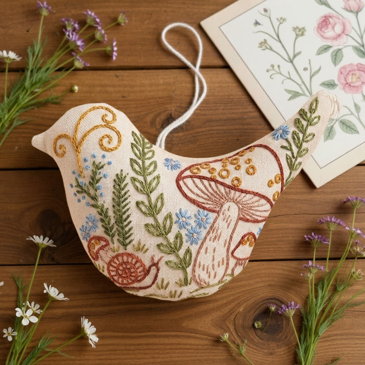 Rubbyoo Bird-shaped Embroidery Kit - Mushroom And Snail | Enchanting Gift For Mom | Cottagecore Handmade Decor - image 2